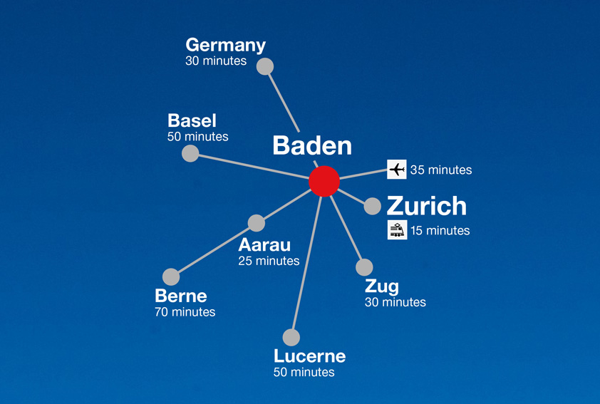 Central location in the middle of Switzerland’s largest economic hub Zurich - Distances to Aarau, Basel, Bern, Lucerne, Zug and Zurich
